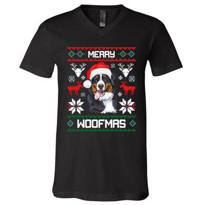 Bernese Mountain Dog Gift For Merry Christmas Woofmas Berner V-Neck T-Shirt