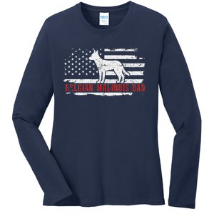 Belgian Malinois Dad Distressed American Flag Patriotic Dog Ladies Long Sleeve Shirt