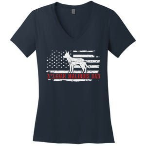 Belgian Malinois Dad Distressed American Flag Patriotic Dog Women's V-Neck T-Shirt