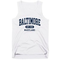 Baltimore Maryland Est 1729 Arched Varsity Text Tank Top