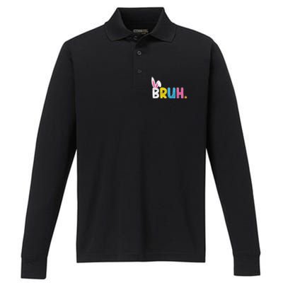 Bruh Meme Easter Day Funny Bunny Eggs Performance Long Sleeve Polo