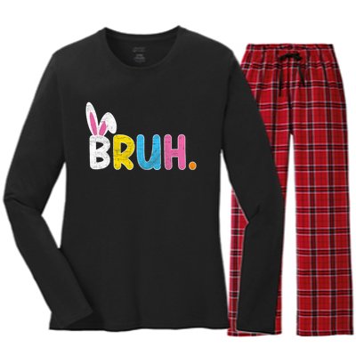 Bruh Meme Easter Day Funny Bunny Eggs Women's Long Sleeve Flannel Pajama Set 