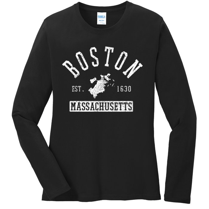 Boston Massachusetts Est. 1630 City Map Souvenir Gift Ladies Long Sleeve Shirt