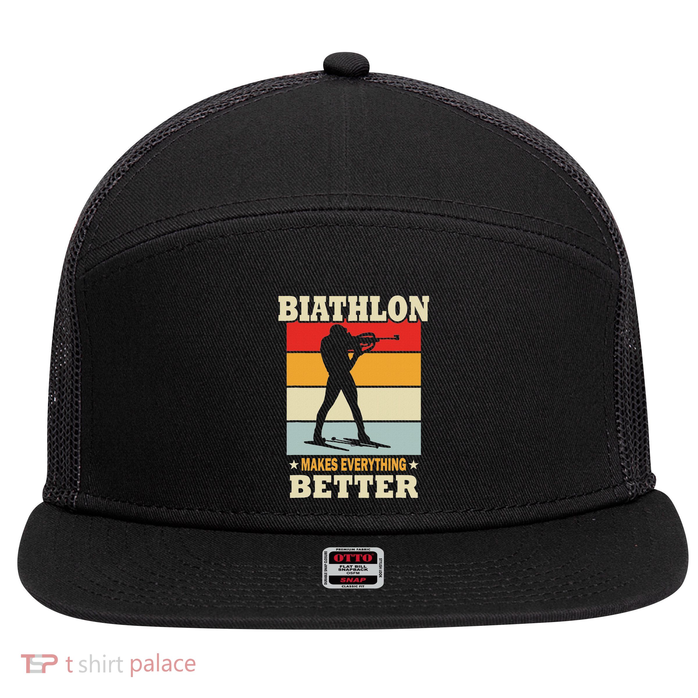 Biathlon Makes Everything Better Biathlon 7 Panel Mesh Trucker Snapback Hat