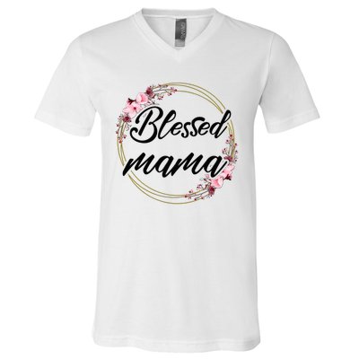 Blessed Mama Floral Wreath Roses Mother'S Day Lover V-Neck T-Shirt