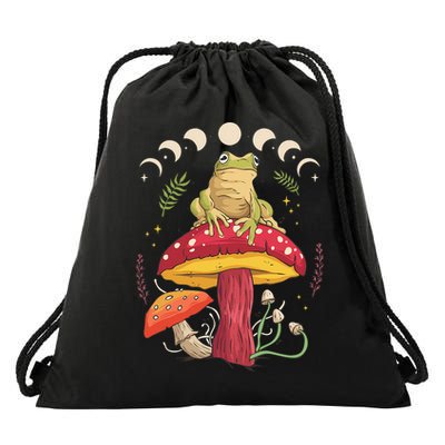 Boho Mushrooms & Frog Cottage Core Aesthetic Goblincore Drawstring Bag