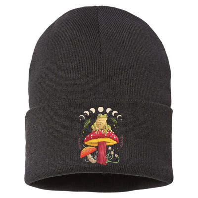 Boho Mushrooms & Frog Cottage Core Aesthetic Goblincore Sustainable Knit Beanie