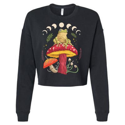 Boho Mushrooms & Frog Cottage Core Aesthetic Goblincore Cropped Pullover Crew