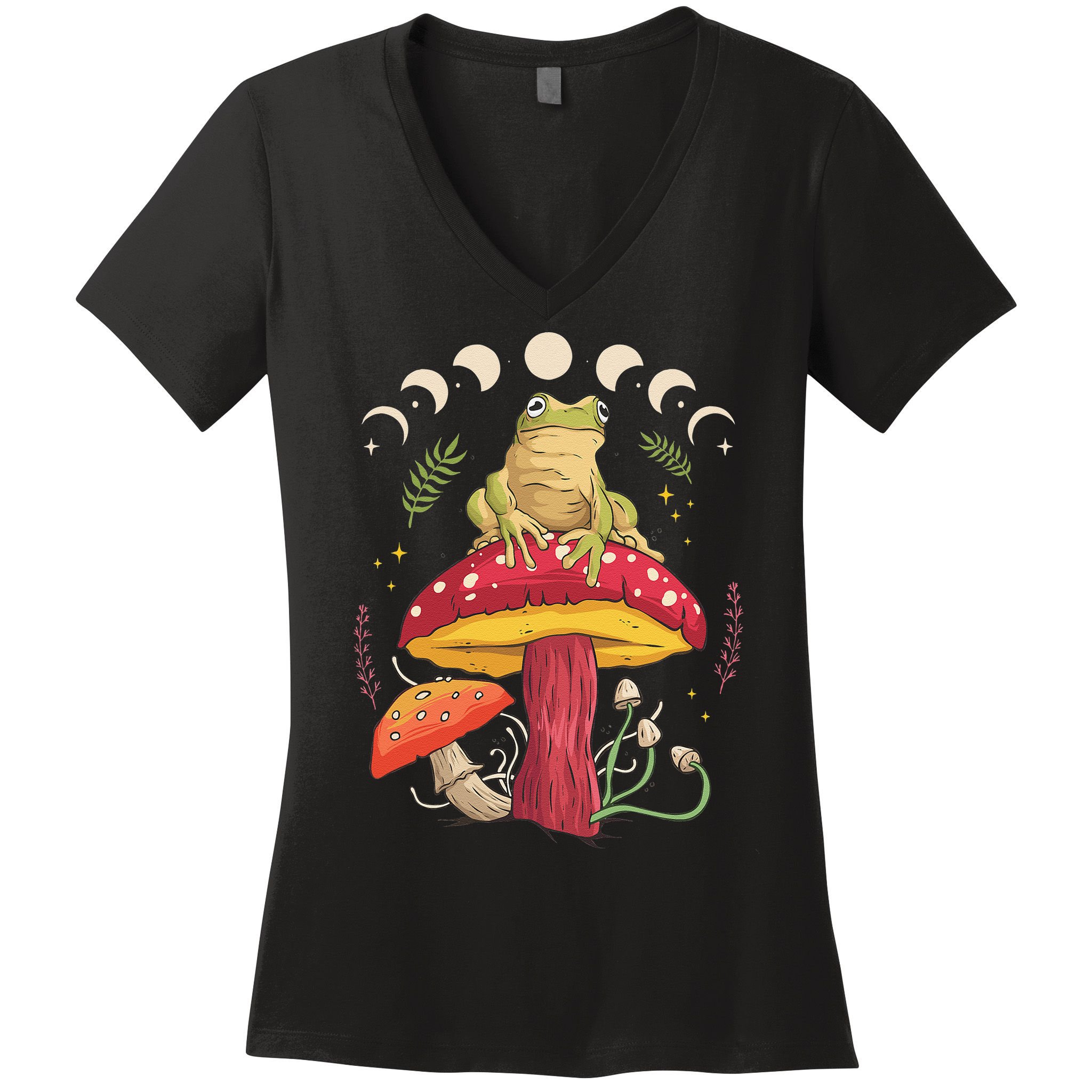 Boho Mushrooms & Frog Cottage Core Aesthetic Goblincore Women's V-Neck T-Shirt