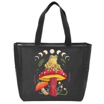 Boho Mushrooms & Frog Cottage Core Aesthetic Goblincore Zip Tote Bag