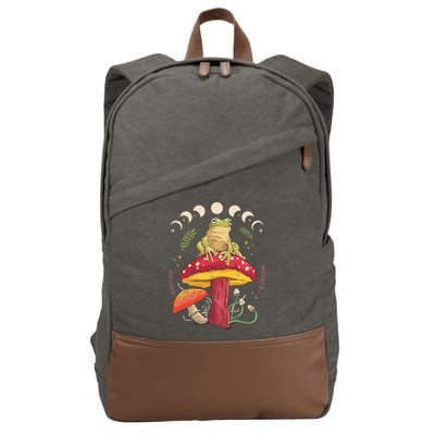 Boho Mushrooms & Frog Cottage Core Aesthetic Goblincore Cotton Canvas Backpack