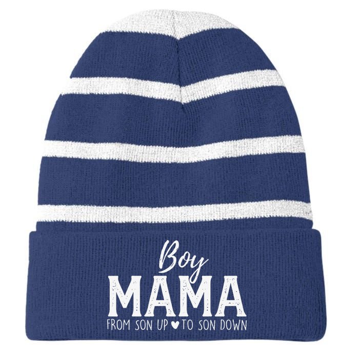 Boy Mama From Son Upto Son Down Funny MotherS Day Fun Mom Striped Beanie with Solid Band