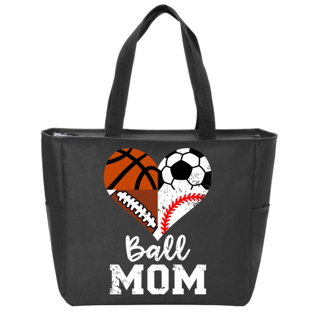 Ball Mom Funny Soccer Football Baseball Basketball Heart Zip Tote Bag