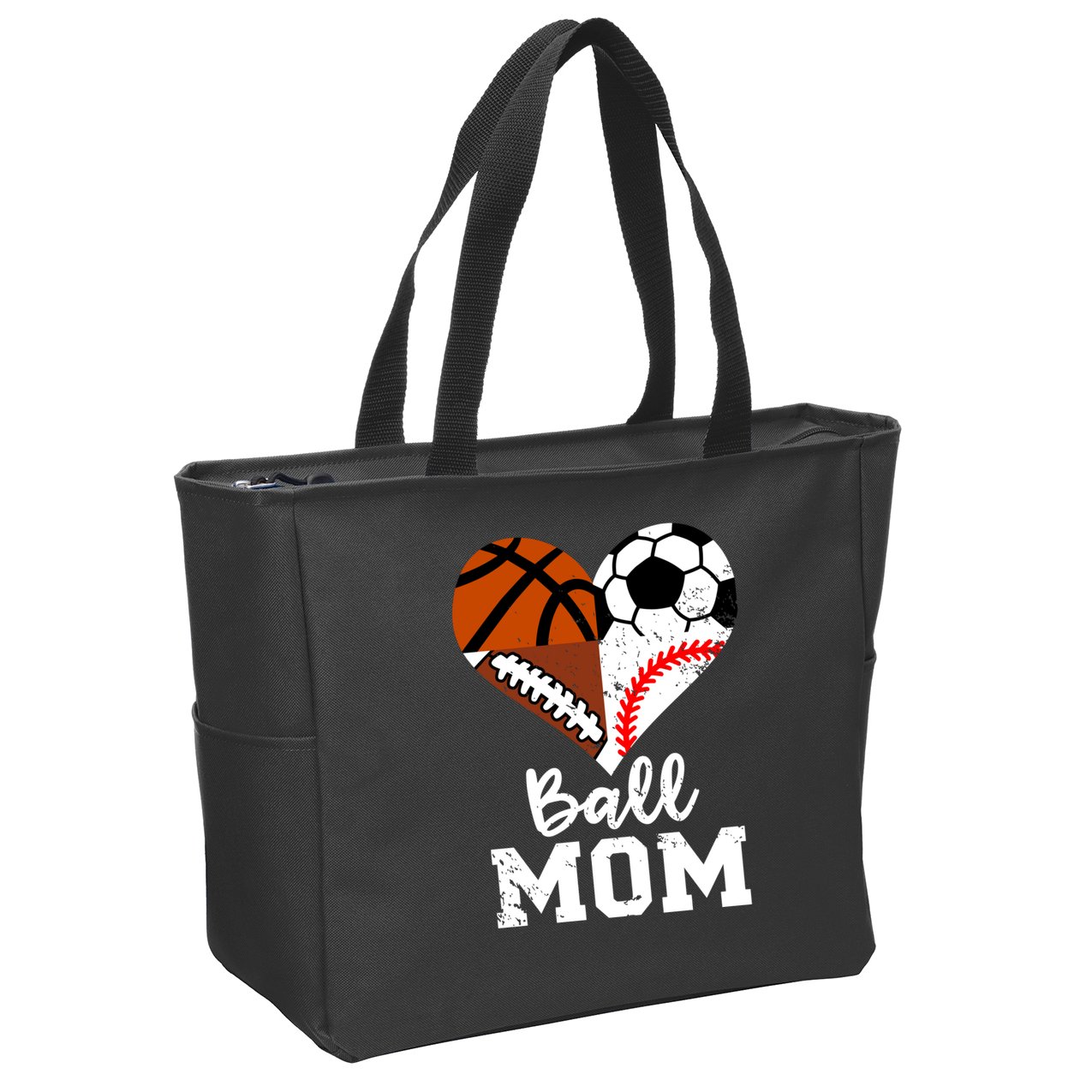 Ball Mom Funny Soccer Football Baseball Basketball Heart Zip Tote Bag