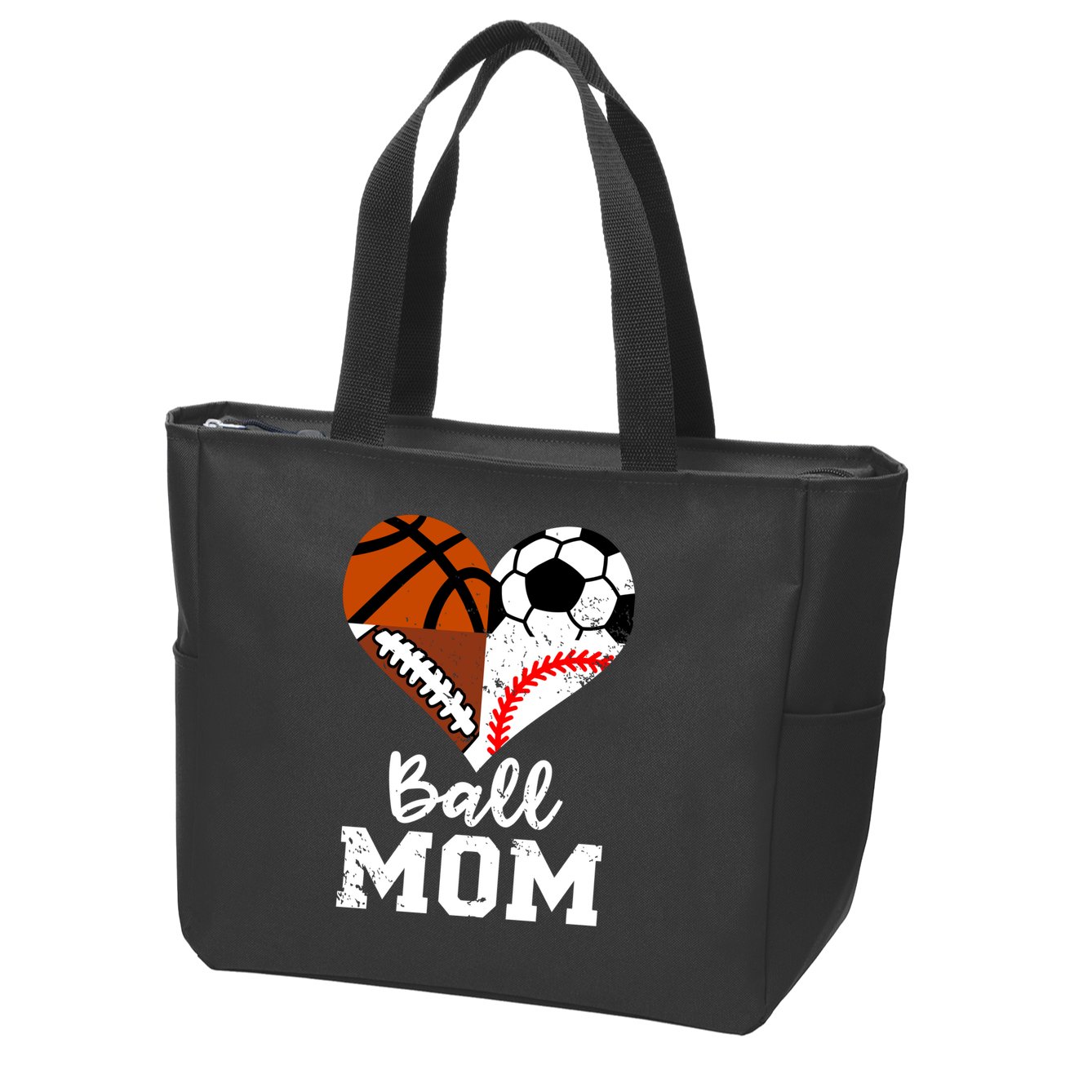 Ball Mom Funny Soccer Football Baseball Basketball Heart Zip Tote Bag