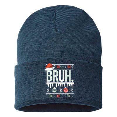 Bruh Meme Funny Christmas Santa Greeting Teens Xmas Sustainable Knit Beanie