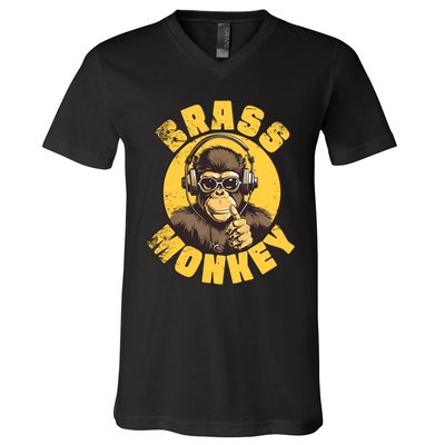 Brass Monkey Funny Cool Music V-Neck T-Shirt