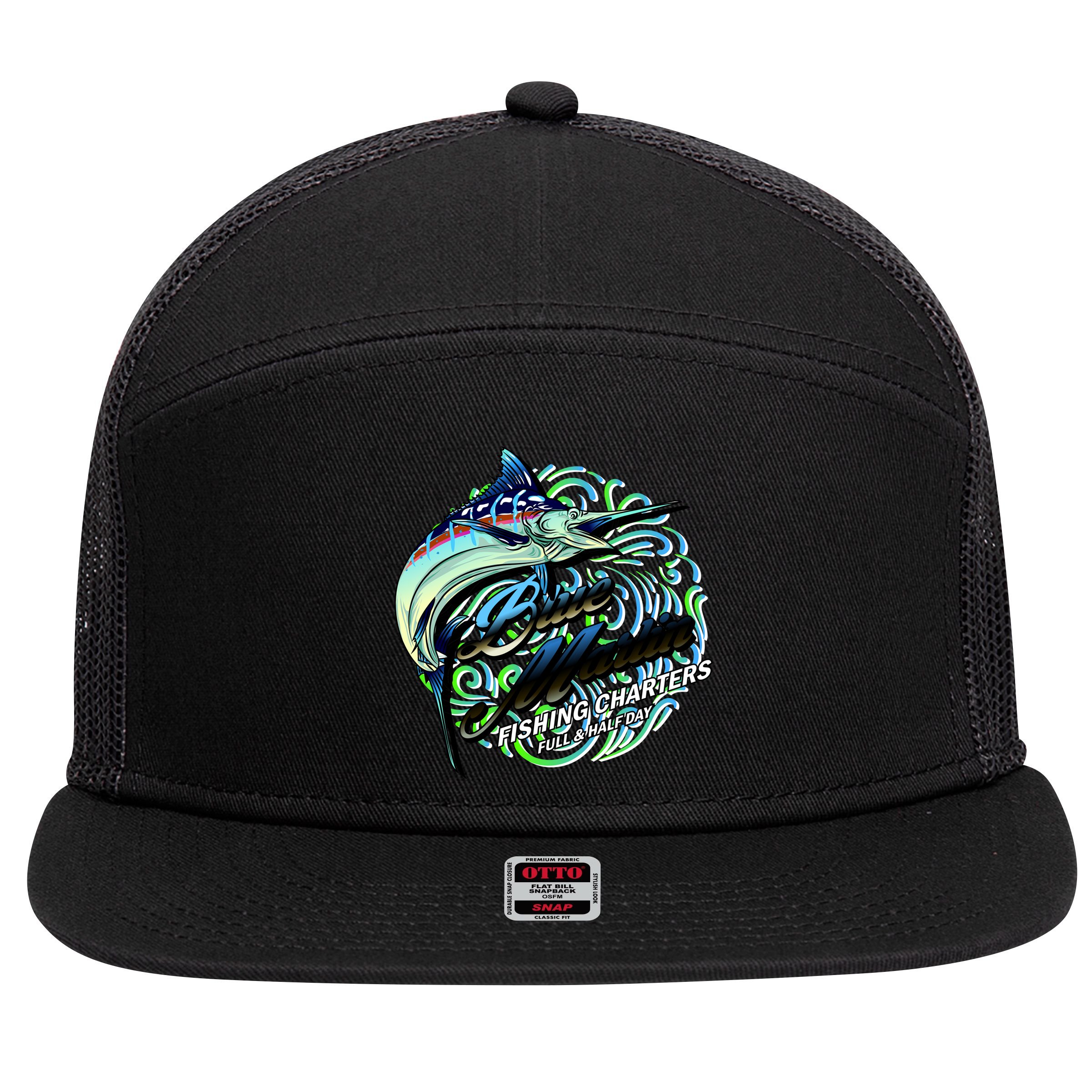 Blue Marlin Fishing Charters 7 Panel Mesh Trucker Snapback Hat
