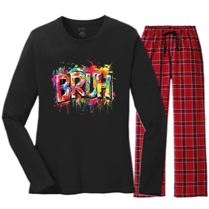 Bruh Meme Funny Saying Teens Graffiti Aesthetic Women's Long Sleeve Flannel Pajama Set 