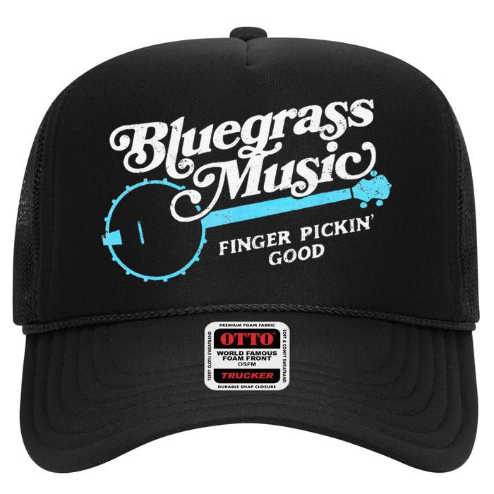 Bluegrass Music Finger Pickin Good Banjo Design Graphic High Crown Mesh Back Trucker Hat