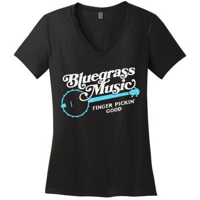 Bluegrass Music Finger Pickin Good Banjo Design Graphic Women's V-Neck T-Shirt