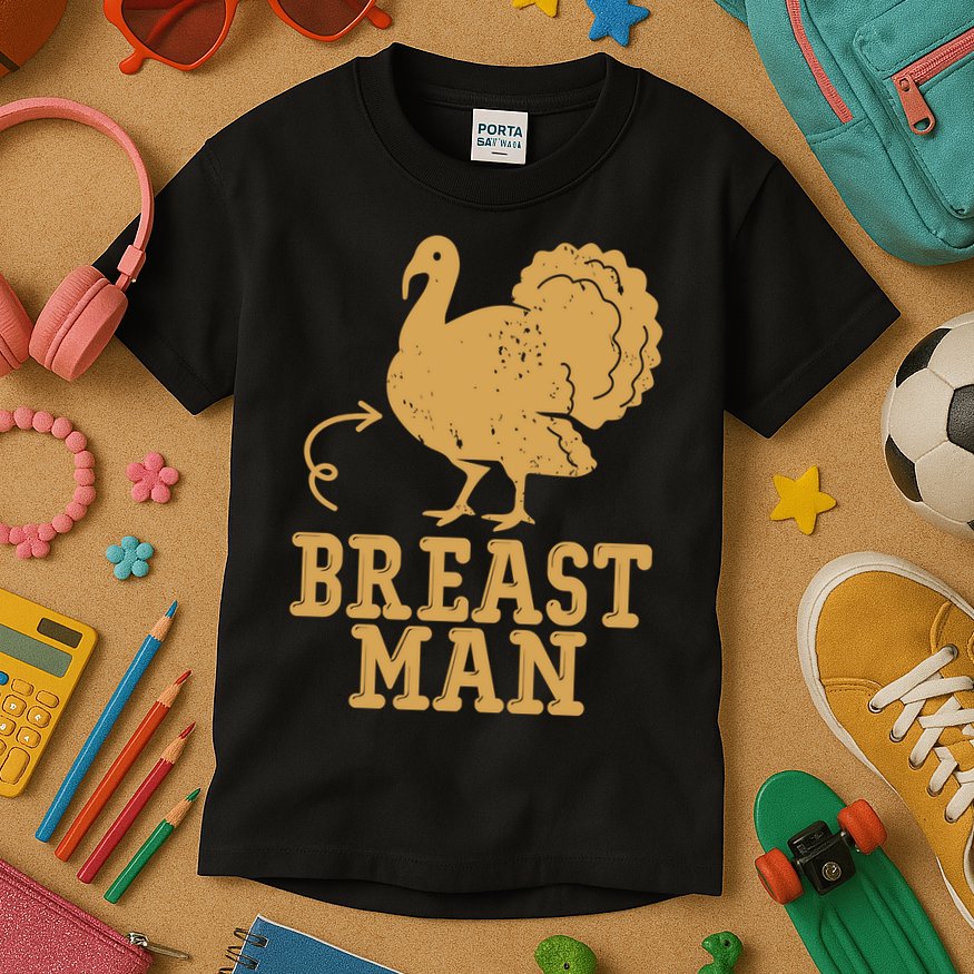 Breast Man Funny Turkey Thanksgiving Kids T-Shirt
