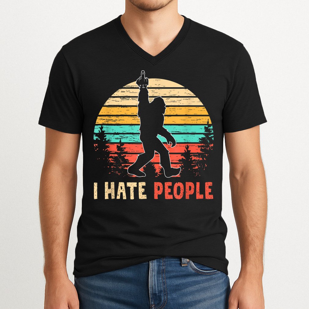 Bigfoot Middle Finger I Hate People Abduction Sasquatch V-Neck T-Shirt