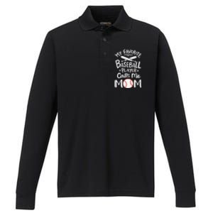 Baseball My Favorite Baseball Player Calls Me Mom Performance Long Sleeve Polo