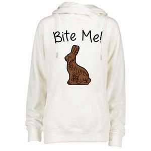 Bite Me Funny Chocolate Easter Bunny Womens Funnel Neck Pullover Hood