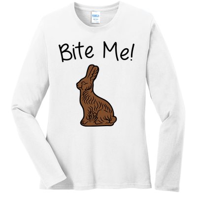 Bite Me Funny Chocolate Easter Bunny Ladies Long Sleeve Shirt