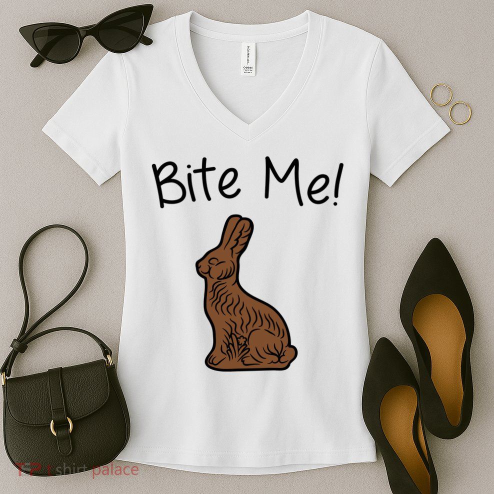 Bite Me Funny Chocolate Easter Bunny Women's V-Neck T-Shirt