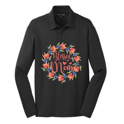 Blessed Mom Floral Style For Mother's Day Silk Touch Performance Long Sleeve Polo