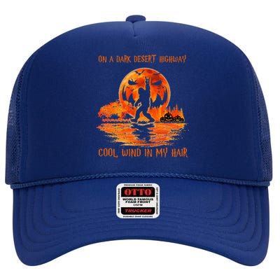 Bigfoot Middle Finger On A Dark Desert Highways Halloween High Crown Mesh Back Trucker Hat