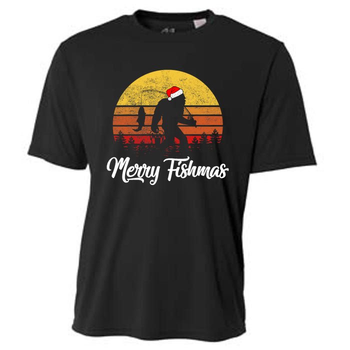 Bigfoot Merry Fishmas Fishing Sasquatch Christmas Cooling Performance Crew T-Shirt