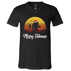 Bigfoot Merry Fishmas Fishing Sasquatch Christmas V-Neck T-Shirt