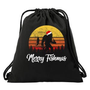 Bigfoot Merry Fishmas Fishing Sasquatch Christmas Drawstring Bag