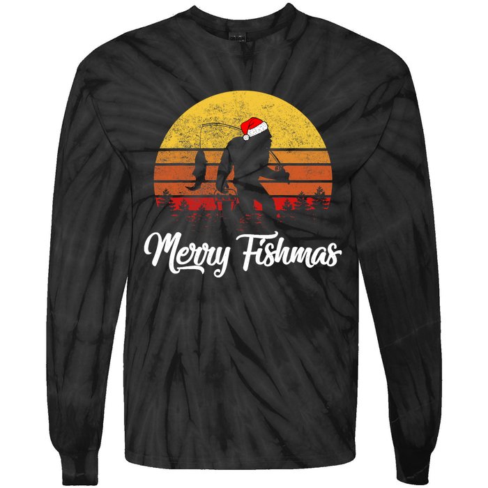 Bigfoot Merry Fishmas Fishing Sasquatch Christmas Tie-Dye Long Sleeve Shirt