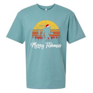 Bigfoot Merry Fishmas Fishing Sasquatch Christmas Sueded Cloud Jersey T-Shirt