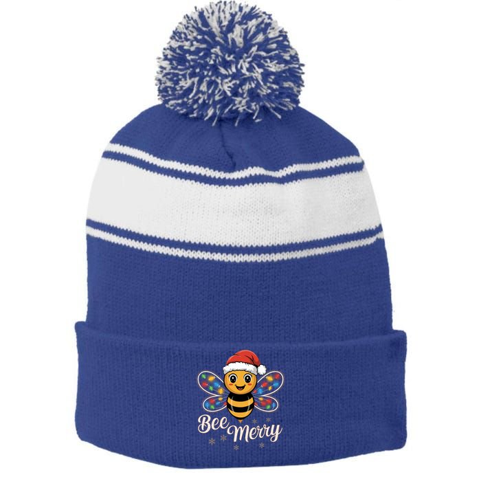 Bee Merry Festive Christmas Light Gift Stripe Pom Pom Beanie