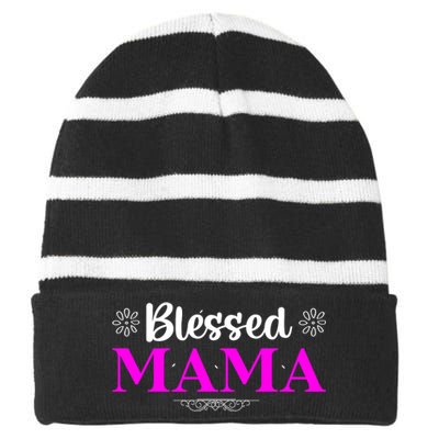 Blessed Mama Funny Mothers Day T Striped Beanie with Solid Band