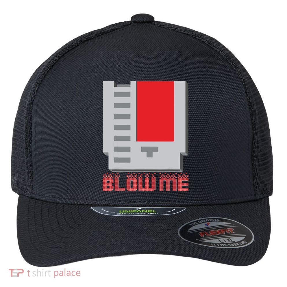 Blow Me Funny Vintage Retro 8Bit Cartridge Gaming Flexfit Unipanel Trucker Cap