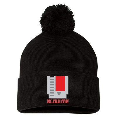 Blow Me Funny Vintage Retro 8Bit Cartridge Gaming Pom Pom 12in Knit Beanie