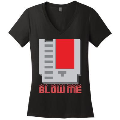 Blow Me Funny Vintage Retro 8Bit Cartridge Gaming Women's V-Neck T-Shirt