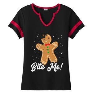 Bite Me Funny Gingerbread Christmas Holiday Gift Ladies Halftime Notch Neck Tee