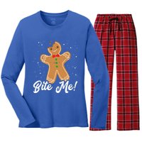 Bite Me Funny Gingerbread Christmas Holiday Gift Women's Long Sleeve Flannel Pajama Set 