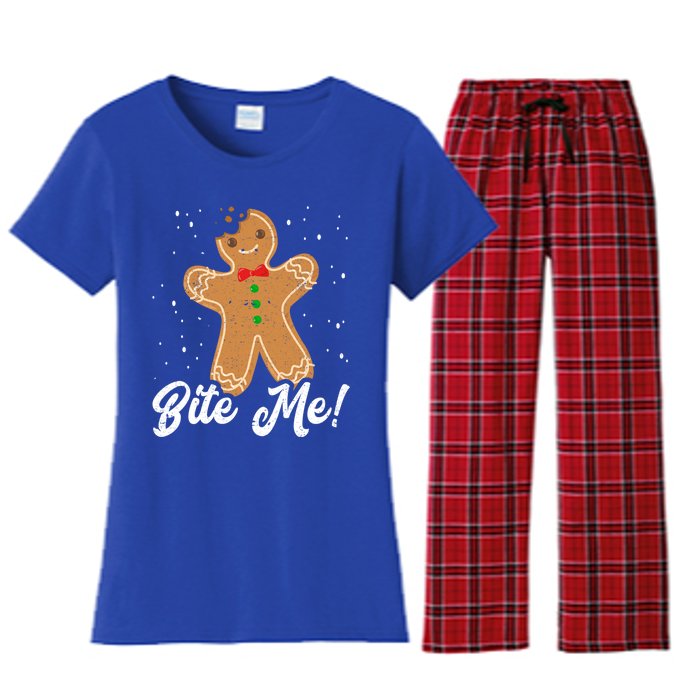 Bite Me Funny Gingerbread Christmas Holiday Gift Women's Flannel Pajama Set