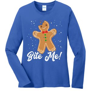 Bite Me Funny Gingerbread Christmas Holiday Gift Ladies Long Sleeve Shirt