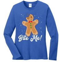 Bite Me Funny Gingerbread Christmas Holiday Gift Ladies Long Sleeve Shirt