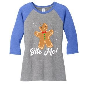 Bite Me Funny Gingerbread Christmas Holiday Gift Women's Tri-Blend 3/4-Sleeve Raglan Shirt