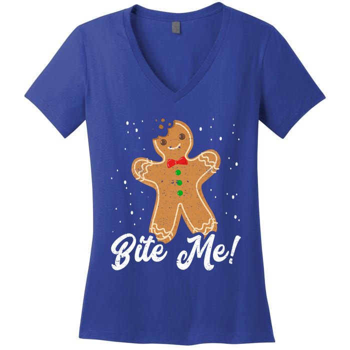 Bite Me Funny Gingerbread Christmas Holiday Gift Women's V-Neck T-Shirt